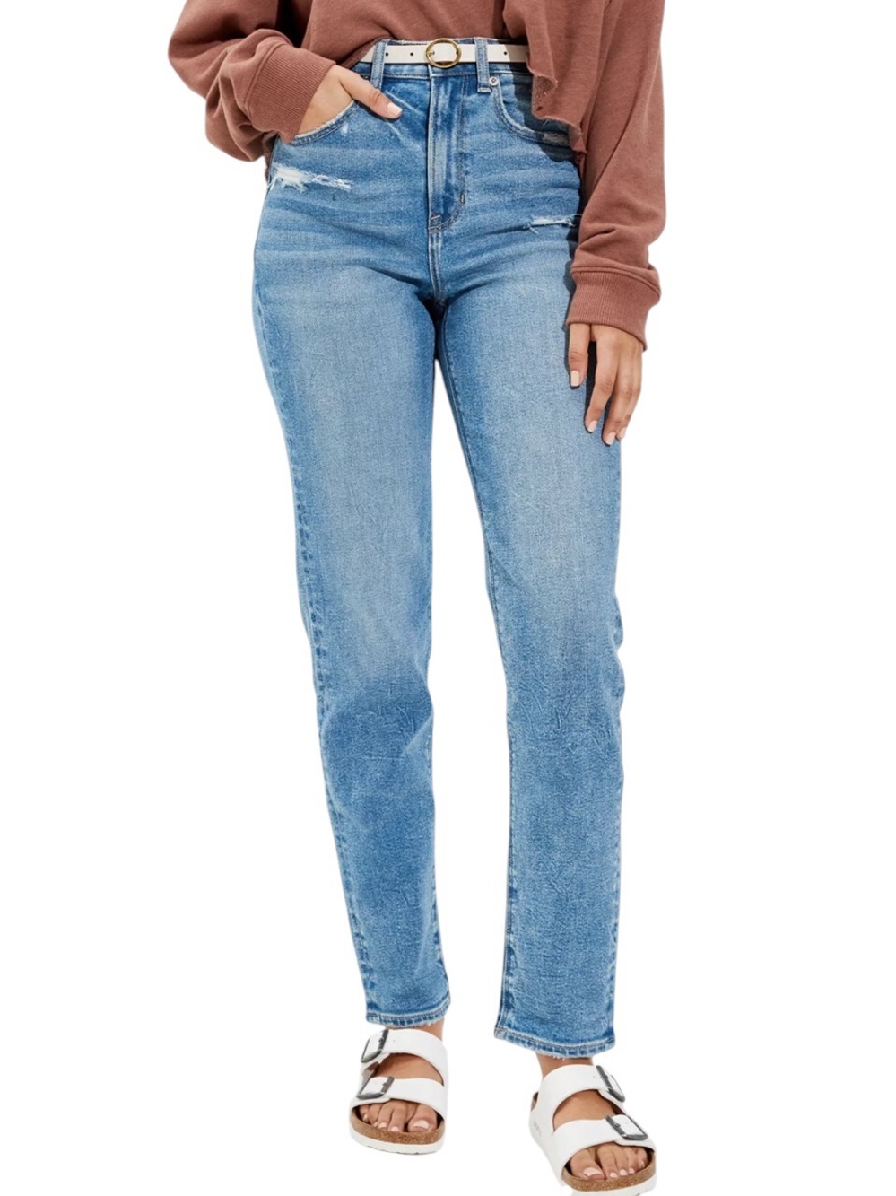 American Eagle Stretch  Distressed Mom Straight Jeans Light Wash Denim Size 16